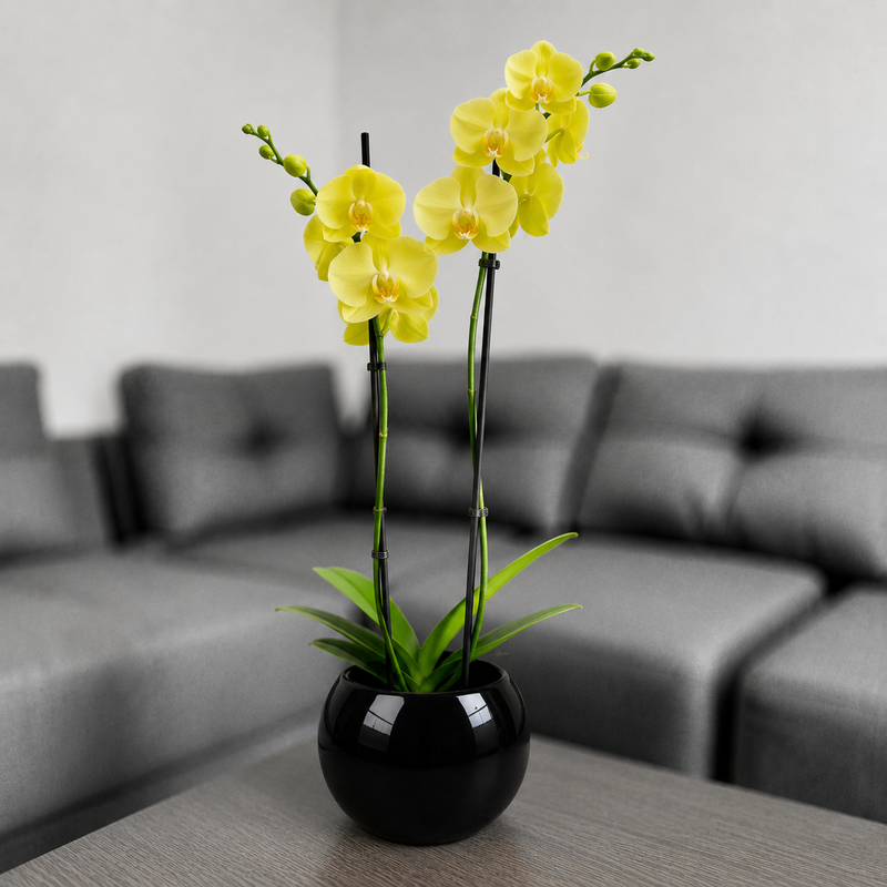 Orquidea amarilla en matera de ceramica ovalada negra