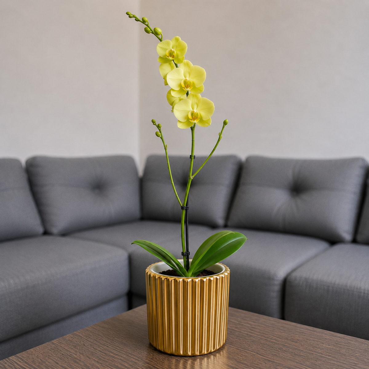 Orquídea grande de 1 vara con flores amarillas con cerámica dorada acanalada