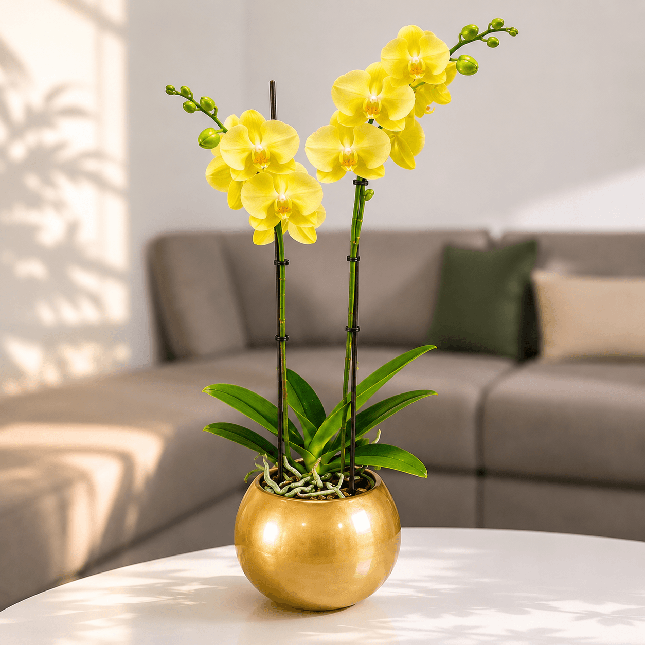Orquídea grande con flores amarillas de 2 varas con cerámica doradar