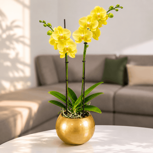 Orquídea grande con flores amarillas de 2 varas con cerámica doradar