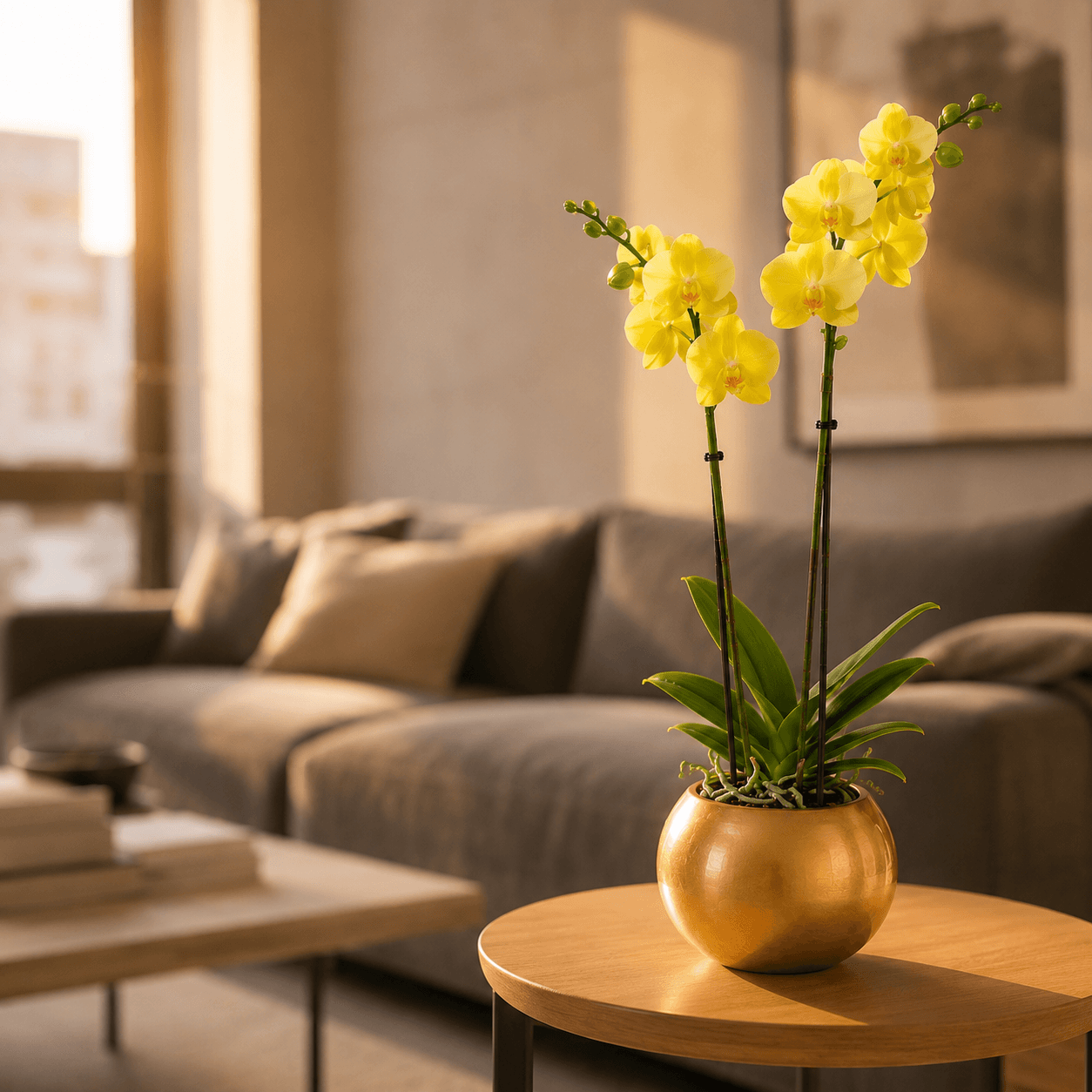Orquídea grande con flores amarillas de 2 varas con cerámica doradar