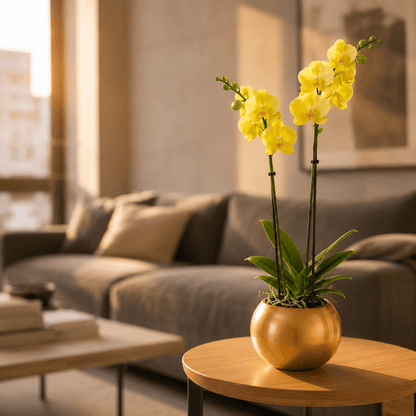 Orquídea grande con flores amarillas de 2 varas con cerámica doradar