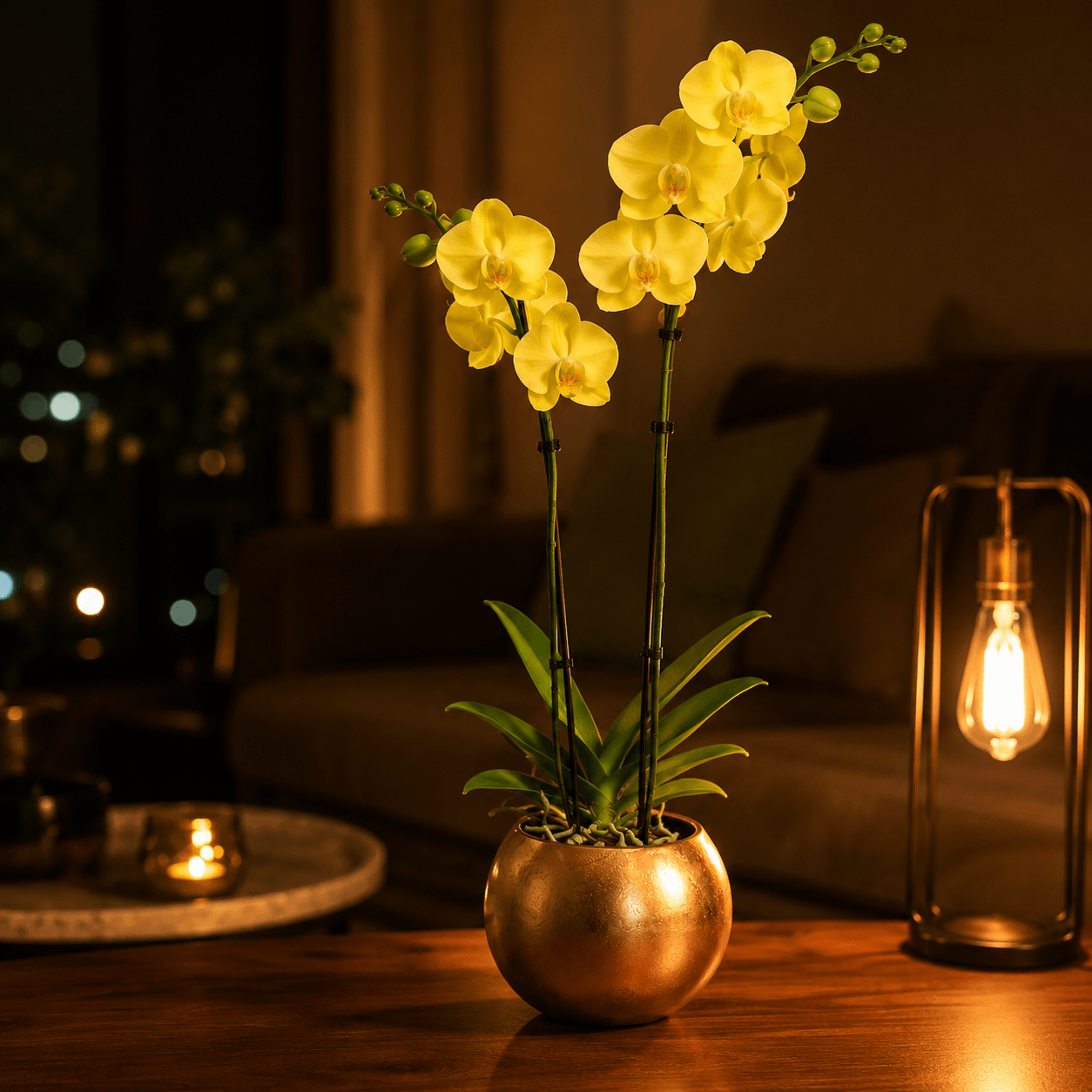 Orquídea grande con flores amarillas de 2 varas con cerámica doradar