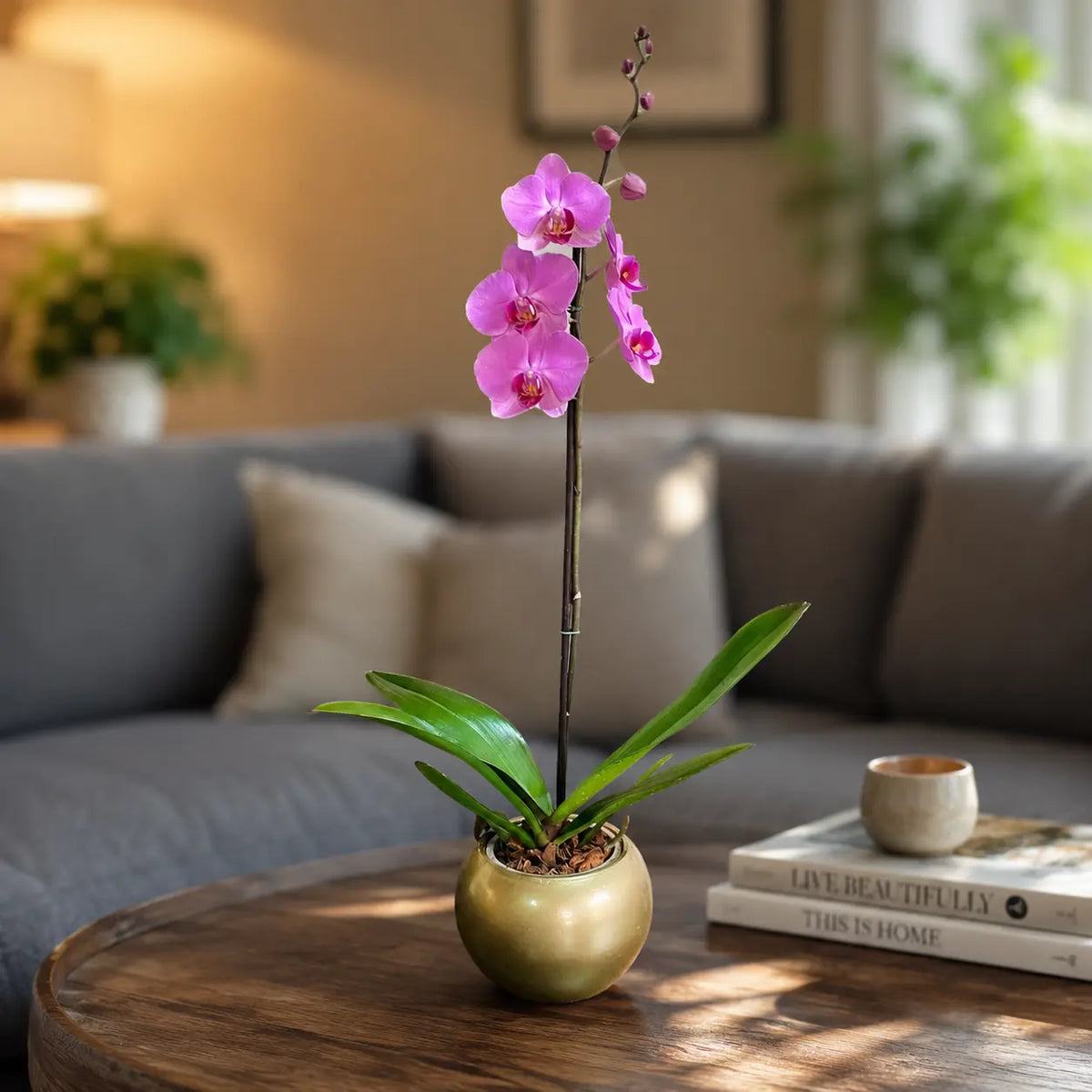 Orquídea grande de 1 vara con flores rosadas con cerámica dorada